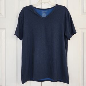 NORDSTROM MEN'S SHOP V NECK 2 TONED BLUE SHORT SLEEVE CASUAL SHIRT MEDIUM